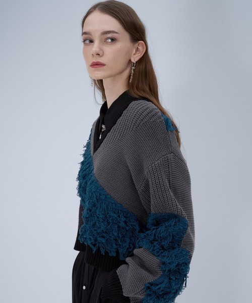 HARE（ハレ）の「パッチワークVネックニットプルオーバー(HARE)（ニット/セーター・レディース・ブルー/イエロー・FREE）」の13枚目の写真