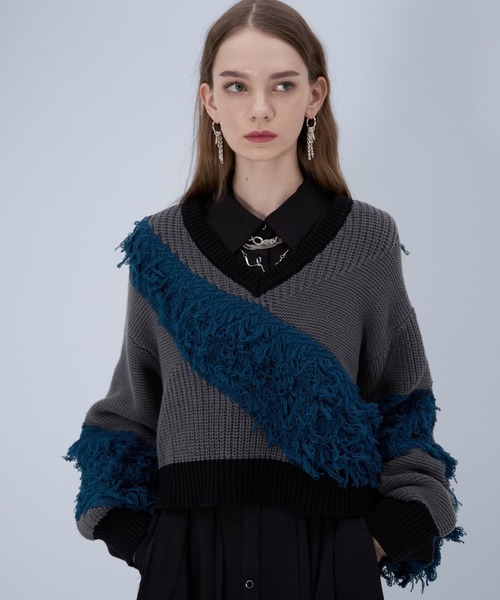 HARE（ハレ）の「パッチワークVネックニットプルオーバー(HARE)（ニット/セーター・レディース・ブルー/イエロー・FREE）」の14枚目の写真