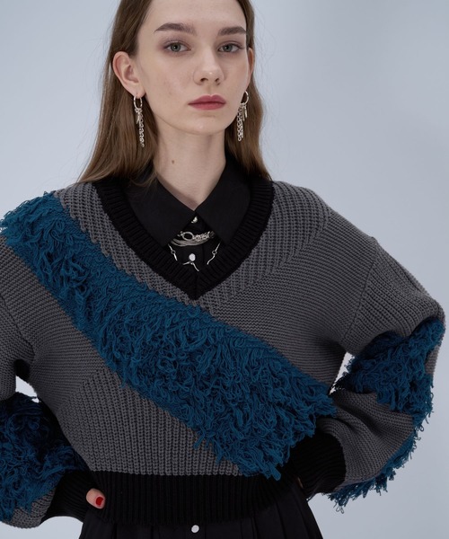 HARE（ハレ）の「パッチワークVネックニットプルオーバー(HARE)（ニット/セーター・レディース・ブルー/イエロー・FREE）」の16枚目の写真