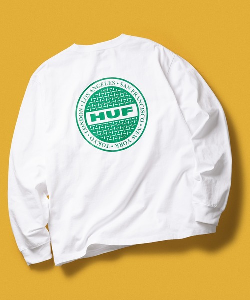 HUF(ハフ)の「MANHOLE LS TEE(Tシャツ/カットソー・メンズ・ライトグリーン/ブラック/ホワイト×グリーン・XXL/XL/L/M/S)」の1枚目の写真