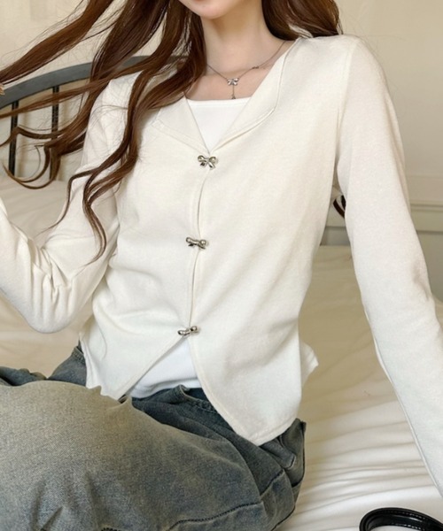 Ada.(エイダ)の「レイヤード風 リボンモチーフ ショート カーディガン(カーディガン/ボレロ・レディース・ライトブルー/ホワイト/ピンク・FREE)」の7枚目の写真