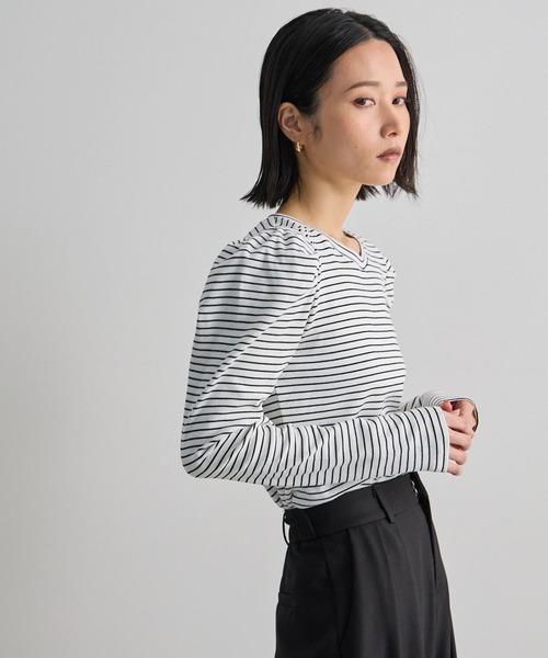 Futier land（フューティアランド）の「パワショルボーダーTOPS（Tシャツ/カットソー・レディース・オフホワイト/ネイビー/ピンク・FREE）」の5枚目の写真