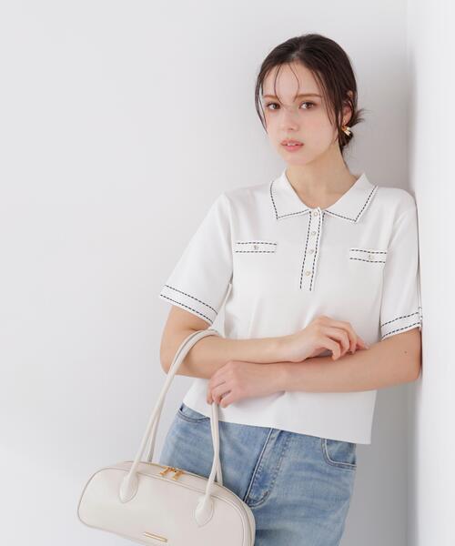 PROPORTION BODY DRESSING(プロポーションボディドレッシング)の「<UVカット>衿付きステッチラインニット / 1216170306(ニット/セーター・レディース・ホワイト系その他/ネイビー/パープル・MEDIUM/SMALL)」の1枚目の写真