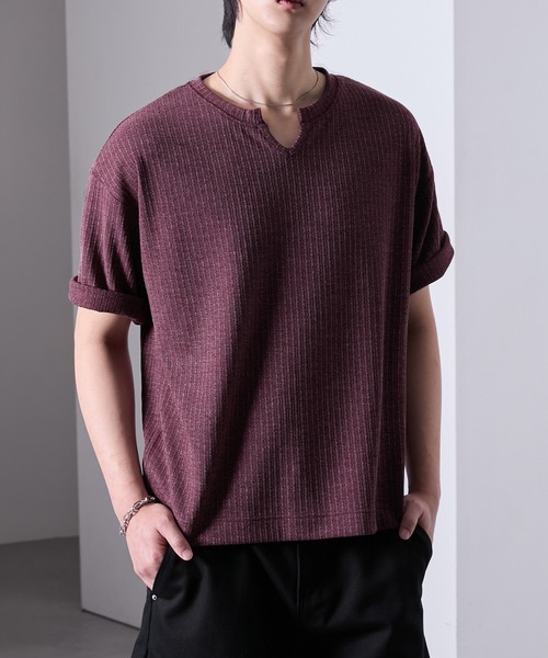 Loose/ルース(ルース)の「キーネック リブショートTシャツ(Tシャツ/カットソー・メンズ・ブラック/チャコールグレー/ワイン/オフホワイト・L/M/S)」の4枚目の写真