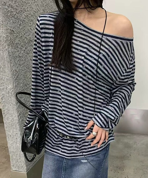 HALEY PESCA(ヘーリーペスカ)の「HALEY PESCA/【星柄×ボーダー】ワンショルダーカットソー ベルト付き(Tシャツ/カットソー・レディース・ブラック/ホワイト/ネイビー・FREE)」の3枚目の写真
