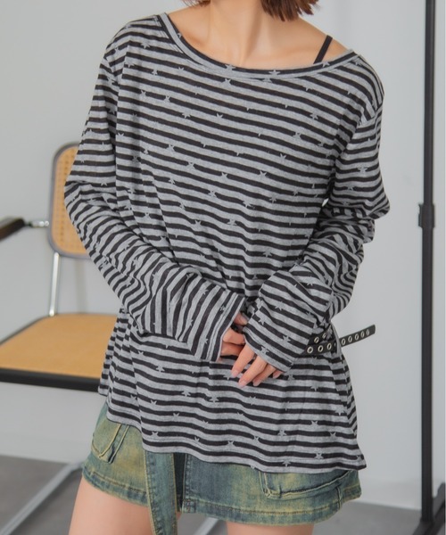 HALEY PESCA(ヘーリーペスカ)の「HALEY PESCA/【星柄×ボーダー】ワンショルダーカットソー ベルト付き(Tシャツ/カットソー・レディース・ブラック/ホワイト/ネイビー・FREE)」の1枚目の写真