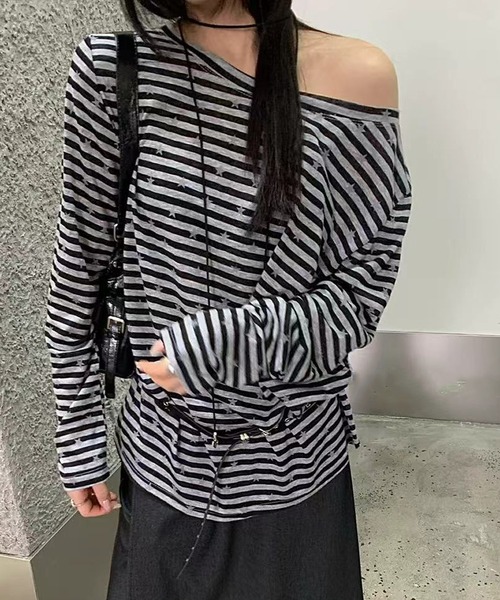 HALEY PESCA(ヘーリーペスカ)の「HALEY PESCA/【星柄×ボーダー】ワンショルダーカットソー ベルト付き(Tシャツ/カットソー・レディース・ブラック/ホワイト/ネイビー・FREE)」の6枚目の写真