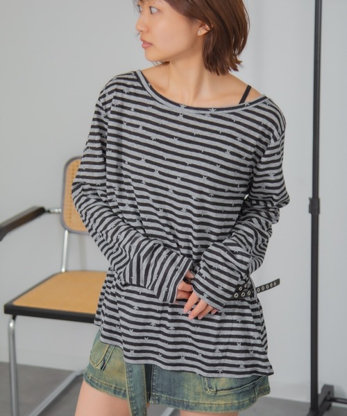 HALEY PESCA(ヘーリーペスカ)の「HALEY PESCA/【星柄×ボーダー】ワンショルダーカットソー ベルト付き(Tシャツ/カットソー・レディース・ブラック/ホワイト/ネイビー・FREE)」の4枚目の写真