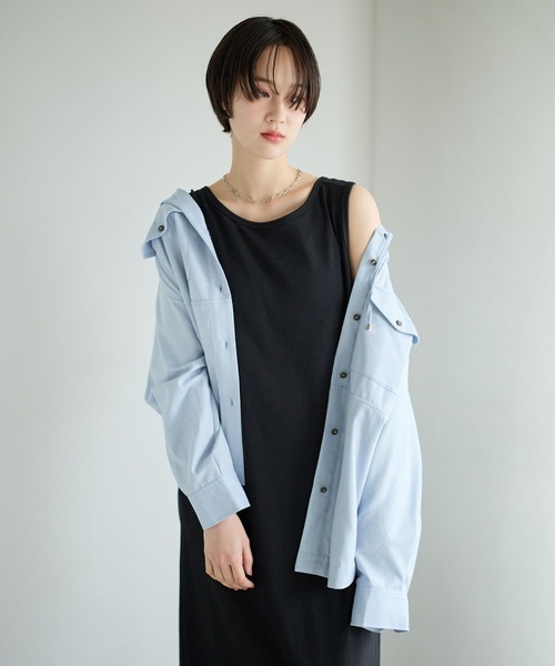 BAYFLOW（ベイフロー）の「[冷房対策にも]ツイルシャツパーカー（シャツ/ブラウス・レディース・ライトブルー/オフホワイト・FREE）」の9枚目の写真