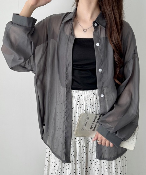 CLEA(クレア)の「キャミ付き長袖シアーシャツ(シャツ/ブラウス・レディース・グレー/グリーン/ブラック/ピンク/イエロー/ライトブルー/ホワイト/アイボリー・FREE)」の5枚目の写真
