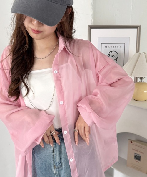 CLEA(クレア)の「キャミ付き長袖シアーシャツ(シャツ/ブラウス・レディース・グレー/グリーン/ブラック/ピンク/イエロー/ライトブルー/ホワイト/アイボリー・FREE)」の8枚目の写真
