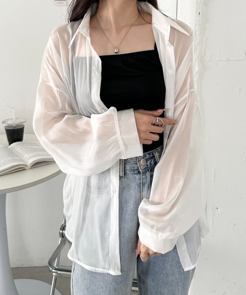 CLEA(クレア)の「キャミ付き長袖シアーシャツ(シャツ/ブラウス・レディース・グレー/グリーン/ブラック/ピンク/イエロー/ライトブルー/ホワイト/アイボリー・FREE)」の9枚目の写真
