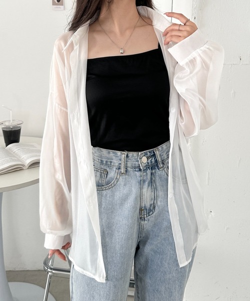 CLEA(クレア)の「キャミ付き長袖シアーシャツ(シャツ/ブラウス・レディース・グレー/グリーン/ブラック/ピンク/イエロー/ライトブルー/ホワイト/アイボリー・FREE)」の10枚目の写真