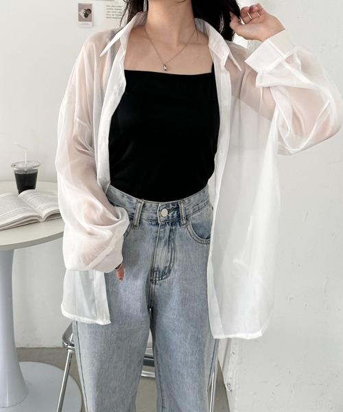 CLEA(クレア)の「キャミ付き長袖シアーシャツ(シャツ/ブラウス・レディース・グレー/グリーン/ブラック/ピンク/イエロー/ライトブルー/ホワイト/アイボリー・FREE)」の11枚目の写真