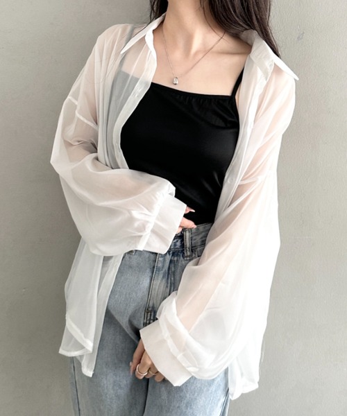 CLEA(クレア)の「キャミ付き長袖シアーシャツ(シャツ/ブラウス・レディース・グレー/グリーン/ブラック/ピンク/イエロー/ライトブルー/ホワイト/アイボリー・FREE)」の12枚目の写真