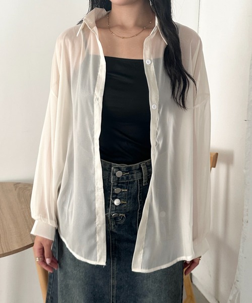 CLEA(クレア)の「キャミ付き長袖シアーシャツ(シャツ/ブラウス・レディース・グレー/グリーン/ブラック/ピンク/イエロー/ライトブルー/ホワイト/アイボリー・FREE)」の13枚目の写真