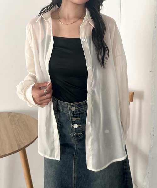 CLEA(クレア)の「キャミ付き長袖シアーシャツ(シャツ/ブラウス・レディース・グレー/グリーン/ブラック/ピンク/イエロー/ライトブルー/ホワイト/アイボリー・FREE)」の14枚目の写真