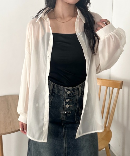 CLEA(クレア)の「キャミ付き長袖シアーシャツ(シャツ/ブラウス・レディース・グレー/グリーン/ブラック/ピンク/イエロー/ライトブルー/ホワイト/アイボリー・FREE)」の15枚目の写真