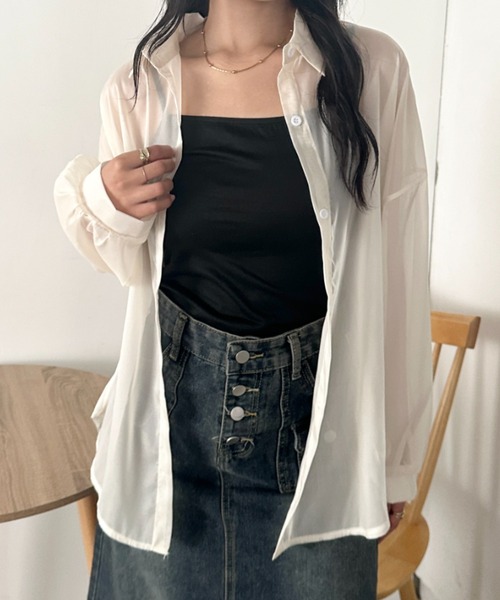 CLEA(クレア)の「キャミ付き長袖シアーシャツ(シャツ/ブラウス・レディース・グレー/グリーン/ブラック/ピンク/イエロー/ライトブルー/ホワイト/アイボリー・FREE)」の16枚目の写真