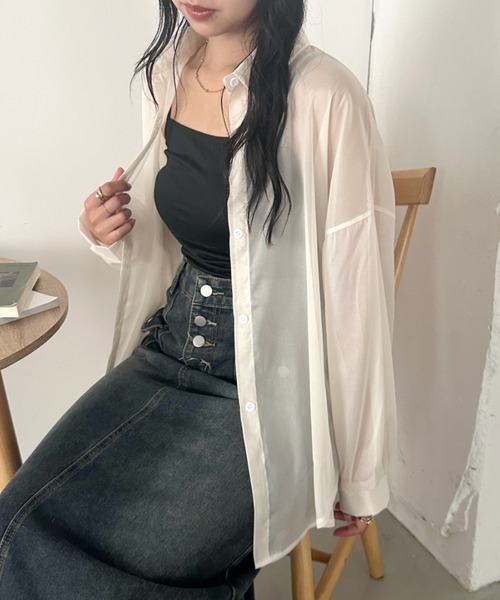 CLEA(クレア)の「キャミ付き長袖シアーシャツ(シャツ/ブラウス・レディース・グレー/グリーン/ブラック/ピンク/イエロー/ライトブルー/ホワイト/アイボリー・FREE)」の17枚目の写真