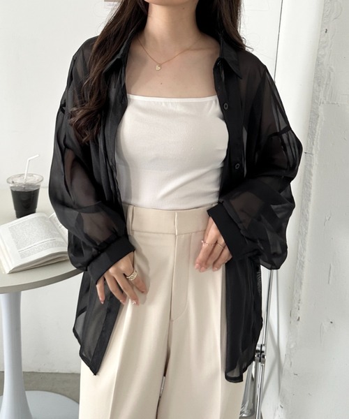 CLEA(クレア)の「キャミ付き長袖シアーシャツ(シャツ/ブラウス・レディース・グレー/グリーン/ブラック/ピンク/イエロー/ライトブルー/ホワイト/アイボリー・FREE)」の19枚目の写真