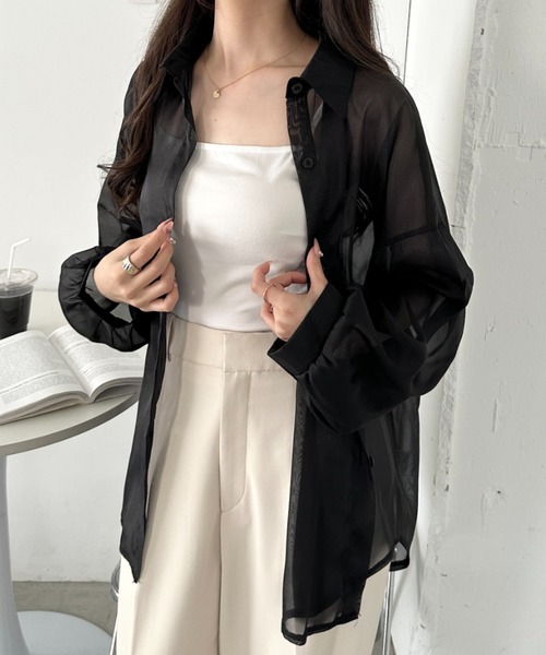 CLEA(クレア)の「キャミ付き長袖シアーシャツ(シャツ/ブラウス・レディース・グレー/グリーン/ブラック/ピンク/イエロー/ライトブルー/ホワイト/アイボリー・FREE)」の20枚目の写真