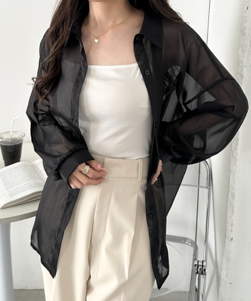 CLEA(クレア)の「キャミ付き長袖シアーシャツ(シャツ/ブラウス・レディース・グレー/グリーン/ブラック/ピンク/イエロー/ライトブルー/ホワイト/アイボリー・FREE)」の21枚目の写真