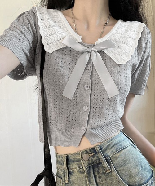 Miniministore（ミニミニストア）の「スカラップ襟ニット透かし編みカーディガン（カーディガン/ボレロ・レディース・アイボリー/ブラック/グレー・FREE）」の3枚目の写真