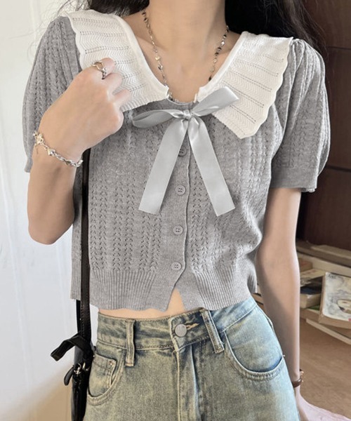 Miniministore（ミニミニストア）の「スカラップ襟ニット透かし編みカーディガン（カーディガン/ボレロ・レディース・アイボリー/ブラック/グレー・FREE）」の4枚目の写真