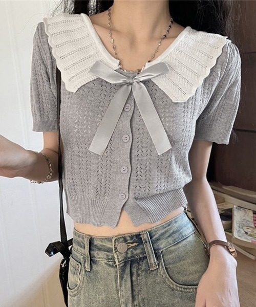Miniministore（ミニミニストア）の「スカラップ襟ニット透かし編みカーディガン（カーディガン/ボレロ・レディース・アイボリー/ブラック/グレー・FREE）」の5枚目の写真
