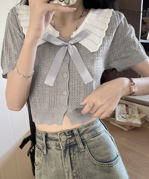 Miniministore（ミニミニストア）の「スカラップ襟ニット透かし編みカーディガン（カーディガン/ボレロ・レディース・アイボリー/ブラック/グレー・FREE）」の6枚目の写真