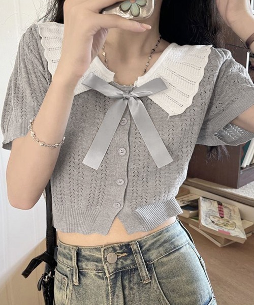 Miniministore（ミニミニストア）の「スカラップ襟ニット透かし編みカーディガン（カーディガン/ボレロ・レディース・アイボリー/ブラック/グレー・FREE）」の7枚目の写真