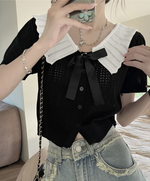 Miniministore（ミニミニストア）の「スカラップ襟ニット透かし編みカーディガン（カーディガン/ボレロ・レディース・アイボリー/ブラック/グレー・FREE）」の10枚目の写真