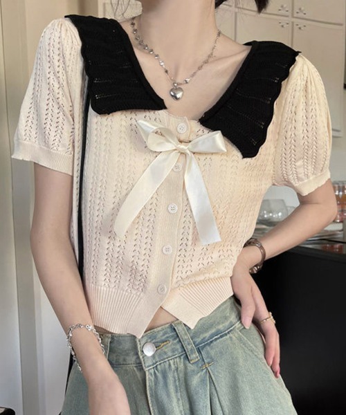 Miniministore（ミニミニストア）の「スカラップ襟ニット透かし編みカーディガン（カーディガン/ボレロ・レディース・アイボリー/ブラック/グレー・FREE）」の11枚目の写真