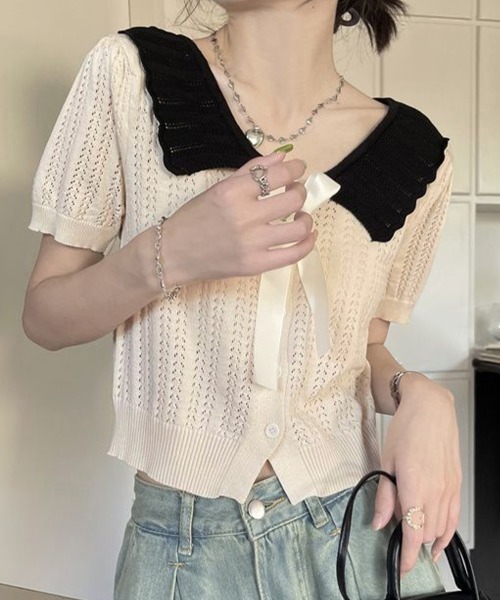Miniministore（ミニミニストア）の「スカラップ襟ニット透かし編みカーディガン（カーディガン/ボレロ・レディース・アイボリー/ブラック/グレー・FREE）」の12枚目の写真