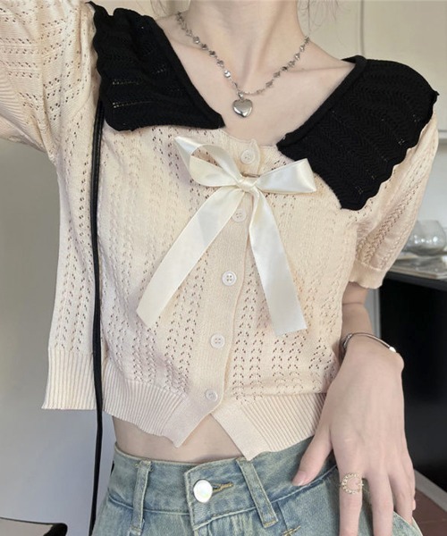 Miniministore（ミニミニストア）の「スカラップ襟ニット透かし編みカーディガン（カーディガン/ボレロ・レディース・アイボリー/ブラック/グレー・FREE）」の13枚目の写真