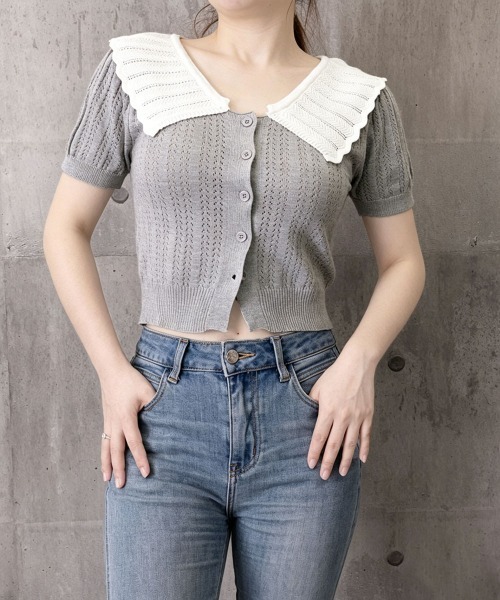 Miniministore（ミニミニストア）の「スカラップ襟ニット透かし編みカーディガン（カーディガン/ボレロ・レディース・アイボリー/ブラック/グレー・FREE）」の16枚目の写真