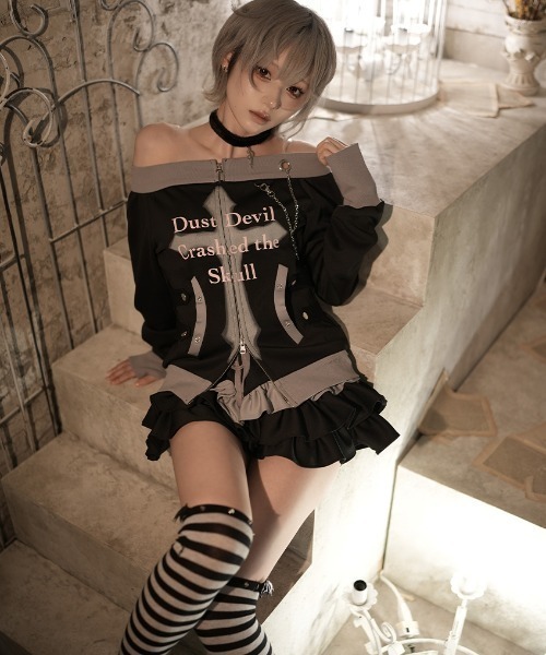 DustDevil（ダストデビル）の「『DustDevil/ダストデビル』Crash skirt/ローウエストフリルスカート（スカート・レディース・ブラック/ホワイト・FREE）」の7枚目の写真