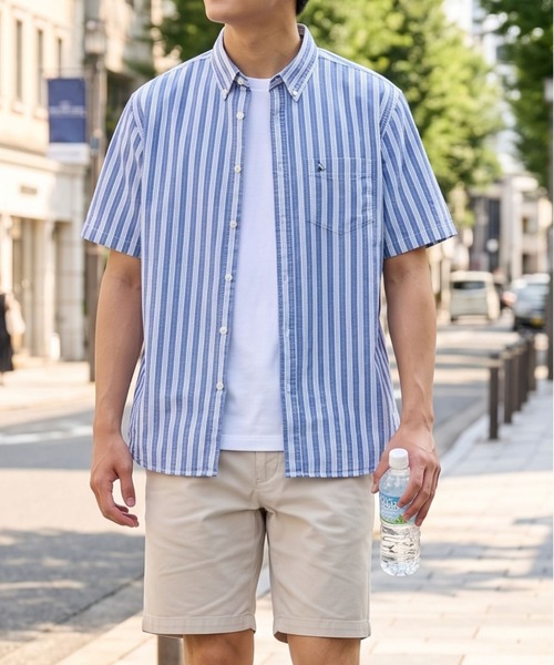 TETE(テット)の「【TETE SELECTION】サッカーシャツ【清潔感・大人定番】チェック&ストライプボタンダウン半袖シャツ/4色展開|ブラック ブルー パープル レッド 胸ポケット付き メンズ 通勤 カジュアル 夏シャツ(シャツ/ブラウス・メンズ・パープル/ブルー/ブラック/レッド・X-LARGE/LARGE/MEDIUM)」の3枚目の写真