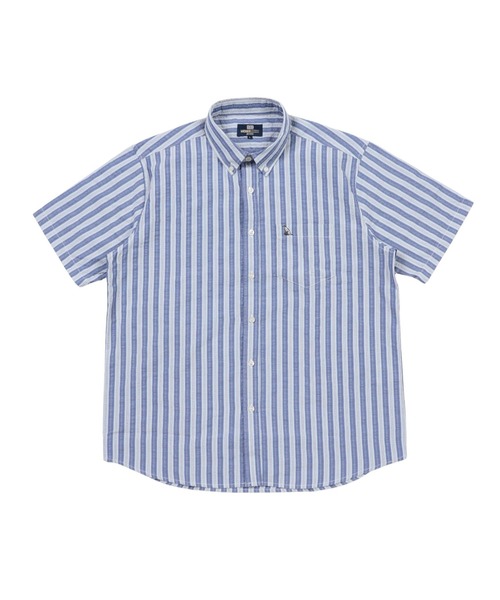 TETE(テット)の「【TETE SELECTION】サッカーシャツ【清潔感・大人定番】チェック&ストライプボタンダウン半袖シャツ/4色展開|ブラック ブルー パープル レッド 胸ポケット付き メンズ 通勤 カジュアル 夏シャツ(シャツ/ブラウス・メンズ・パープル/ブルー/ブラック/レッド・X-LARGE/LARGE/MEDIUM)」の8枚目の写真