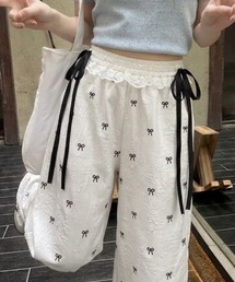 リボン柄 ウエストレース ワイドイージーパンツ