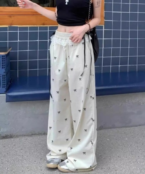 SHEPP(シープ)の「リボン柄 ウエストレース ワイドイージーパンツ(その他パンツ・レディース・ブラック/アイボリー・M/S)」の4枚目の写真