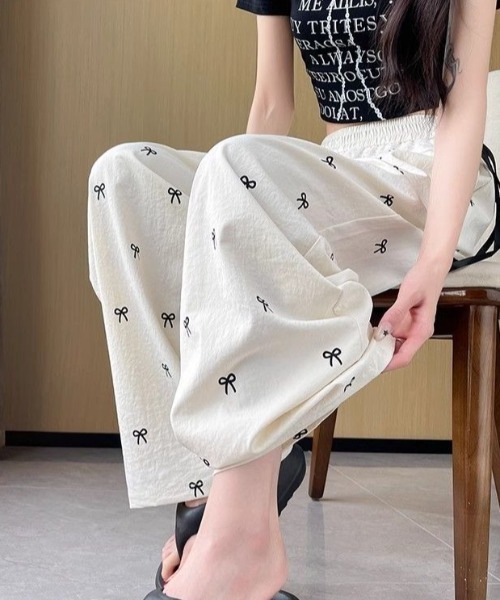 SHEPP(シープ)の「リボン柄 ウエストレース ワイドイージーパンツ(その他パンツ・レディース・ブラック/アイボリー・M/S)」の6枚目の写真