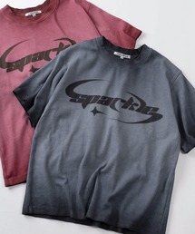 【82】スプレー加工 グラフィックロゴ テレコ ショート丈 クルーネックTシャツ/ユニセックス/レディース/メンズ