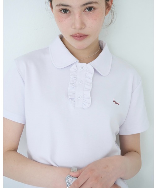 Smyeon（スミョン）の「Frill polo shirt tee/フリルポロTシャツ（Tシャツ/カットソー・レディース・ライトパープル/ブラック/ホワイト・FREE）」の2枚目の写真