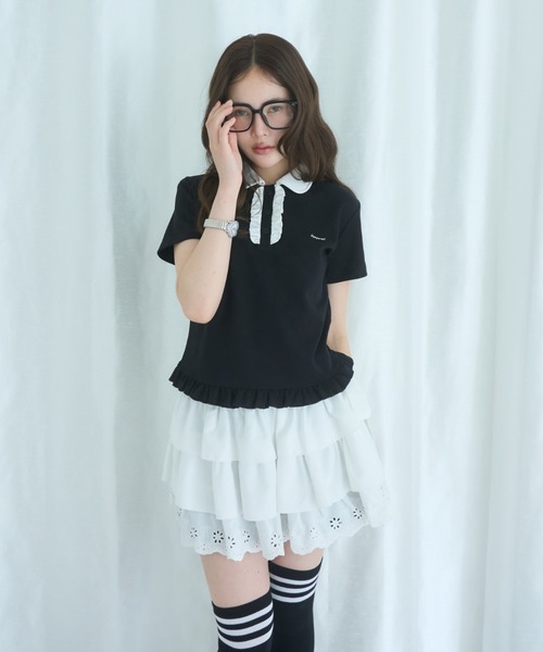 Smyeon（スミョン）の「Frill polo shirt tee/フリルポロTシャツ（Tシャツ/カットソー・レディース・ライトパープル/ブラック/ホワイト・FREE）」の12枚目の写真