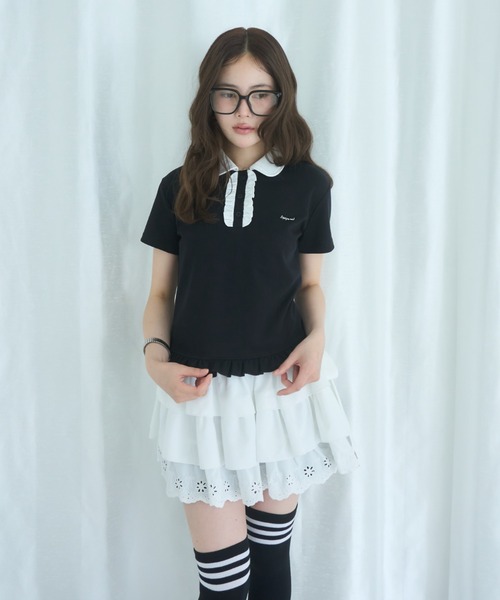 Smyeon（スミョン）の「Frill polo shirt tee/フリルポロTシャツ（Tシャツ/カットソー・レディース・ライトパープル/ブラック/ホワイト・FREE）」の13枚目の写真