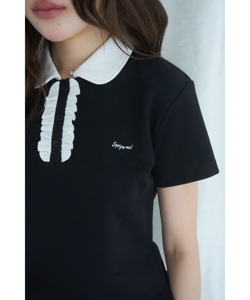 Smyeon（スミョン）の「Frill polo shirt tee/フリルポロTシャツ（Tシャツ/カットソー・レディース・ライトパープル/ブラック/ホワイト・FREE）」の11枚目の写真