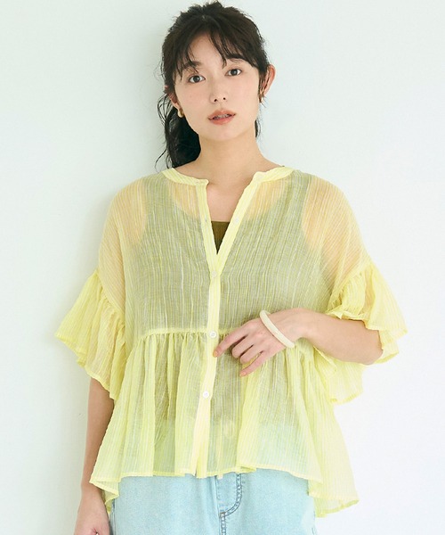 coca(coca)(コカ)の「ストライプシアーフリルブラウス(シャツ/ブラウス・レディース・イエロー/ブルー・XL/L/S/M)」の2枚目の写真