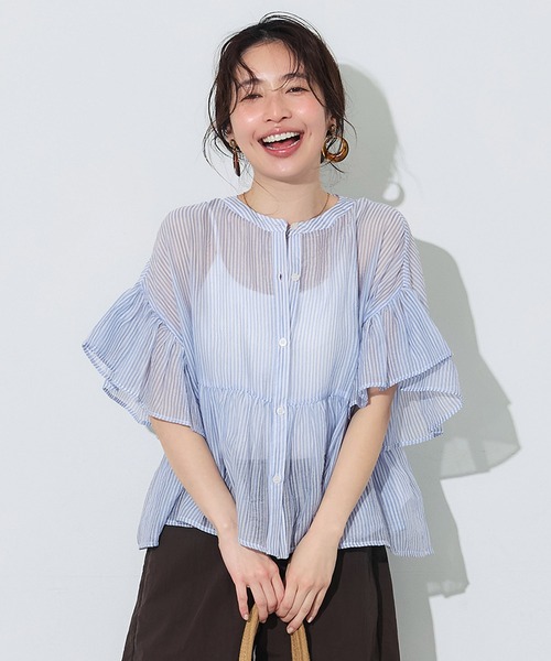 coca(coca)(コカ)の「ストライプシアーフリルブラウス(シャツ/ブラウス・レディース・イエロー/ブルー・XL/L/S/M)」の1枚目の写真
